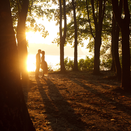 Silhouettes - couple kisses in the light of summer sunの写真素材