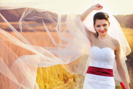 Bride through a veil on the wind posing afieldの写真素材