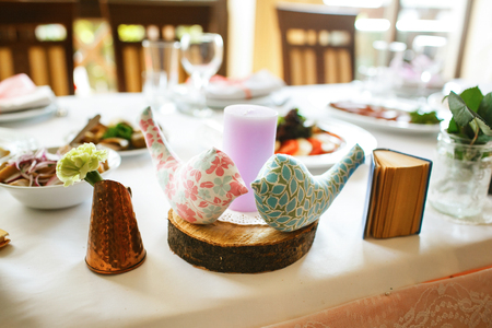 The decoraions are on the wedding tableの写真素材