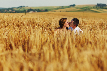 A view on the kissing heads of a couple sitting among the wheatの写真素材