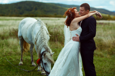 Bride leans to a groom standing on the field behind a white horseの写真素材