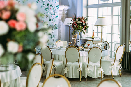 Wedding table next to the window in the luxury restaurantの写真素材