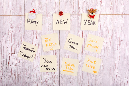 Cards with words 'Happy New Year', ' Today', 'Be happy', 'Good job', Save money', 'Drink less', 'You...