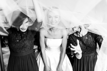 Bride and bridesmaids have fun hiding under a veilの写真素材