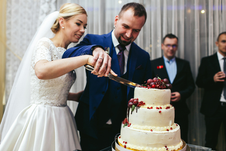 Groom and bride look nice while they try to cut a pretty wedding cakeの写真素材