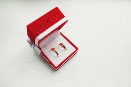 Pretty wedding rings lie in a red velvet box with a white bow