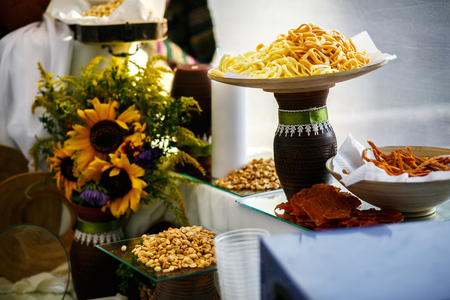 The banquet table with snacksの写真素材