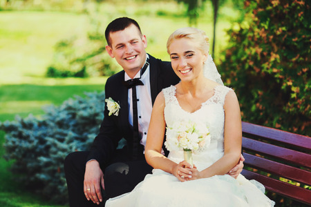 Smiling newlyweds sit  on the bench in parkの写真素材