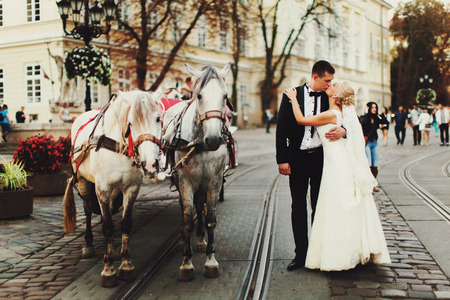 Bride and groom kiss behind horses somewhere in the old part of the cityの写真素材