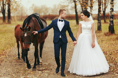 Groom holds a harness walking with a brideの写真素材