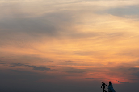 A look from afar on a happy wedding couple running under pink evening skyの写真素材