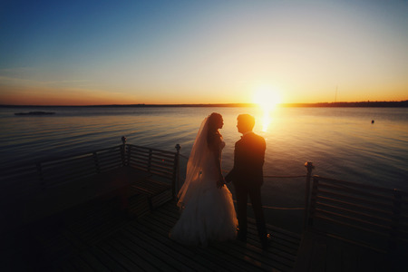 Silhouettes of newlyweds watching the sunset on a sea shoreの写真素材