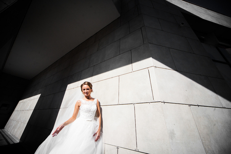 The charming bride stands near wallの写真素材