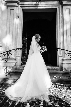 The charming bride stands on the stairsの写真素材