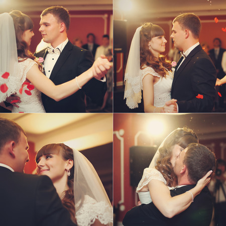 Four in one picture of stunning wedding couple dancing at the first timeの写真素材
