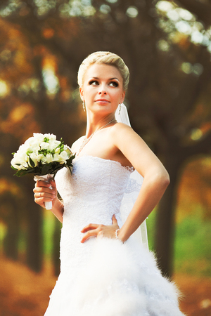 Charming bride looks over her shoulder posing in an autumn parkの写真素材