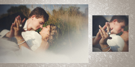 Two in one pictures of newlyweds lying on the grassの写真素材