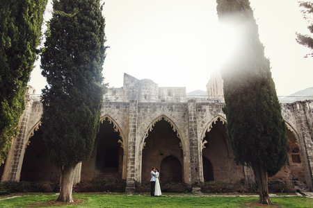 Man and woman in long white gown stand in old stone gardenの写真素材