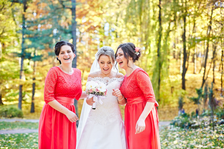Laughing bridesmaids in pink gowns surround a brideの写真素材