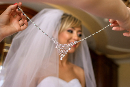 Look from the sparkling crystal necklace at a gorgeous bride standing in the roomの写真素材