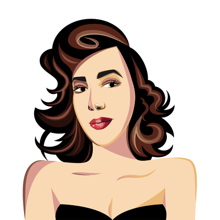 Beautiful brown-haired woman in a black dress. Face and upper torso.のイラスト素材