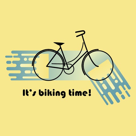 Vector illustration of black and blue moving fast female bicycle with text âItâs biking timeâ on yellow background in retro styleのイラスト素材