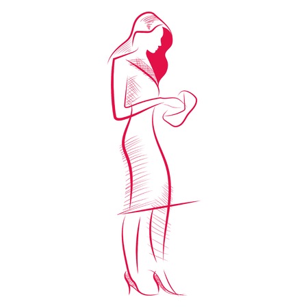 Hand drawn sketch vector of a dressed up woman in skirt suit and high heel shoes holding envelope purse. Red line art on white background.のイラスト素材