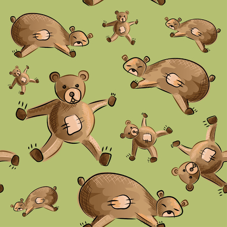 Hand drawn seamless pattern ofcute and sleepy brown teddy bears on green background.のイラスト素材