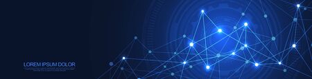 Website header or banner design with abstract geometric background and connecting dots and lines. Global network connection. Digital technology with plexus background and space for your textのイラスト素材