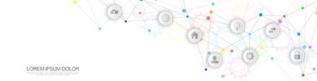 Website header or banner design with abstract technical background and connecting dots and lines. Digital technology and communication concept with flat iconsのイラスト素材
