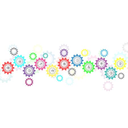 Information technology with infographic elements and flat icons. Cogs and gear wheel mechanisms. Hi-tech digital technology and engineering. Abstract technical backgroundのイラスト素材