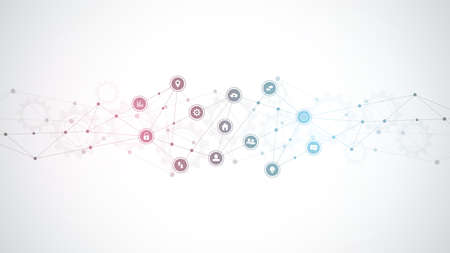 Information technology background with infographic elements and flat icons. Digital technology, network connection and communication concept. Vector illustration.のイラスト素材