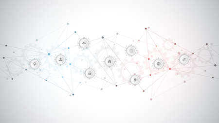 Information technology with infographic elements and flat icons. Abstract technical background. Digital technology, network connection and communication conceptのイラスト素材