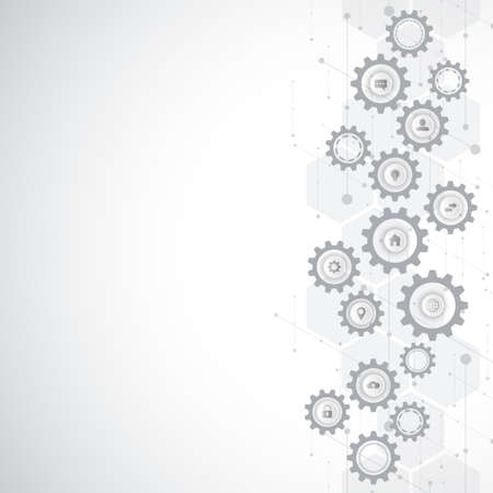 Information technology with infographic elements and flat icons. Cogs and gear wheel mechanisms. Hi-tech digital technology and engineering. Abstract technical backgroundのイラスト素材