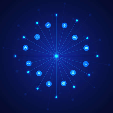 Information technology background with infographic elements and flat icons. Digital technology, network connection and communication concept. Vector illustrationのイラスト素材