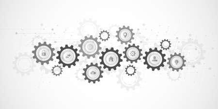 Information technology concept with infographic elements and flat icons. Cogs and gear wheel mechanisms. Hi-tech digital technology and engineering. Abstract technical background. Vector illustrationのイラスト素材
