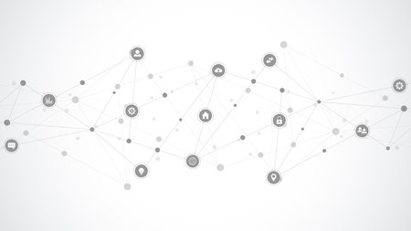 Information technology background with infographic elements and flat icons. Digital technology, network connection and communication conceptの写真素材