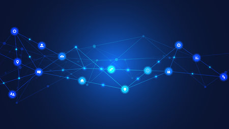 Information technology background with infographic elements and flat icons. Digital technology, network connection and communication conceptの写真素材