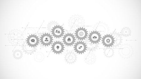 Information technology concept with infographic elements and flat icons. Cogs and gear wheel mechanisms. Hi-tech digital technology and engineering. Abstract technical backgroundのイラスト素材