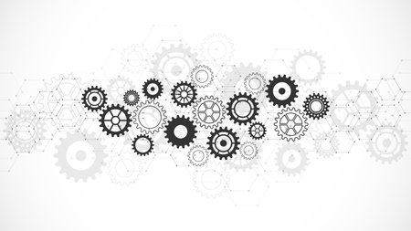Cogs and gear wheel mechanisms. Concepts and ideas for hi-tech digital technology and engineering design. Abstract technical background of mechanical engineeringのイラスト素材