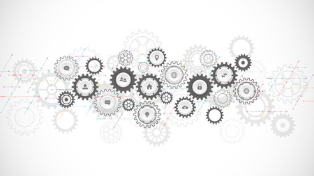 Information technology concept with infographic elements and flat icons. Cogs and gear wheel mechanisms. Hi-tech digital technology and engineering. Abstract technical backgroundのイラスト素材