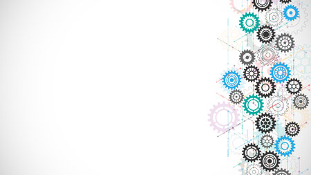 Cogs and gear wheel mechanisms. Concepts and ideas for hi-tech digital technology and engineering design. Abstract technical background of mechanical engineeringのイラスト素材