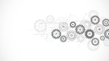Information technology concept with infographic elements and flat icons. Cogs and gear wheel mechanisms. Hi-tech digital technology and engineering. Abstract technical backgroundのイラスト素材