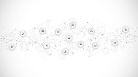 Information technology background with infographic elements and flat icons. Digital technology, network connection and communication concept. Vector illustrationのイラスト素材