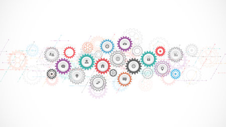 Information technology concept with infographic elements and flat icons. Cogs and gear wheel mechanisms. Hi-tech digital technology and engineering. Abstract technical backgroundのイラスト素材