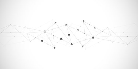 Information technology background with infographic elements and flat icons. Digital technology, network connection and communication conceptの写真素材
