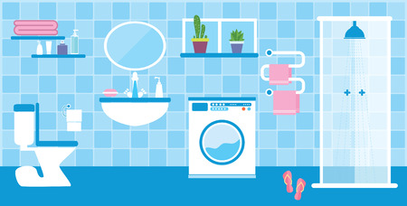 Flat style vector illustration. Toilet and bathroom interior with furniture in blue colorsのイラスト素材
