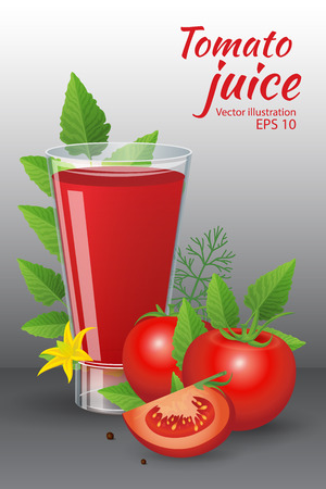 Food and drinks vector illustration. A glass of of tasty fresh tomato juice with  red ripe tomatoes, green tomato leafs, blossom and dill isolated on grey background. Realistic styleのイラスト素材