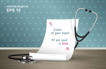 Vector illustration. Medical prescription and stethoscope on the table. A cure for all ills. Listen to your heart. All you need is love. Romantic design concept for Valentine's Dayのイラスト素材