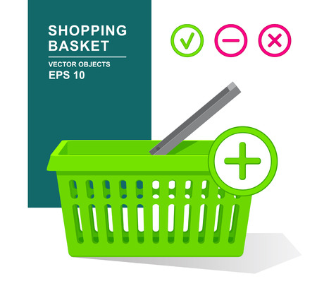 Vector illustration. Green empty plastic basket with handle. Online shopping. Supermarket objects. Add, remove, deleteのイラスト素材